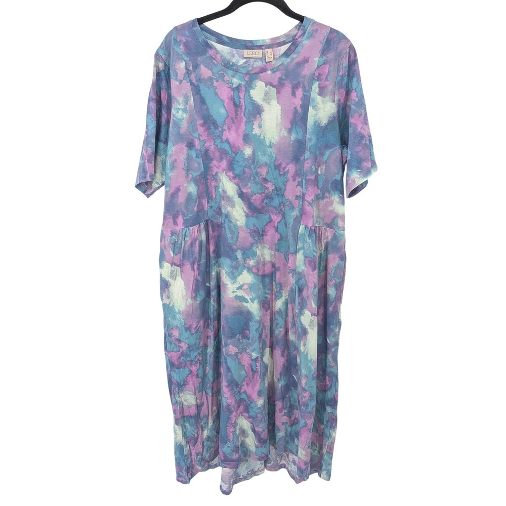 LOGO Lori Goldstein Midi Dress Women Large Purple Tie Dye Short Sleeve Pocket